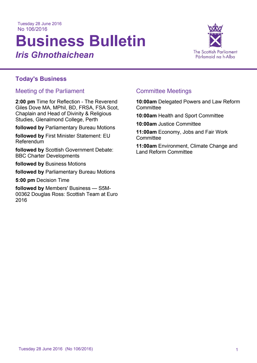 Business Bulletin No. 106/2016, Tuesday 28th June 2016