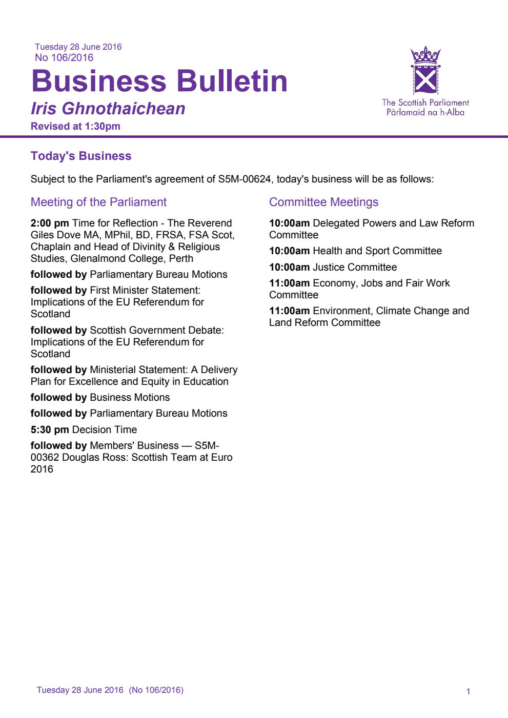 Business Bulletin No. 106/2016, Tuesday 28th June 2016, Revised