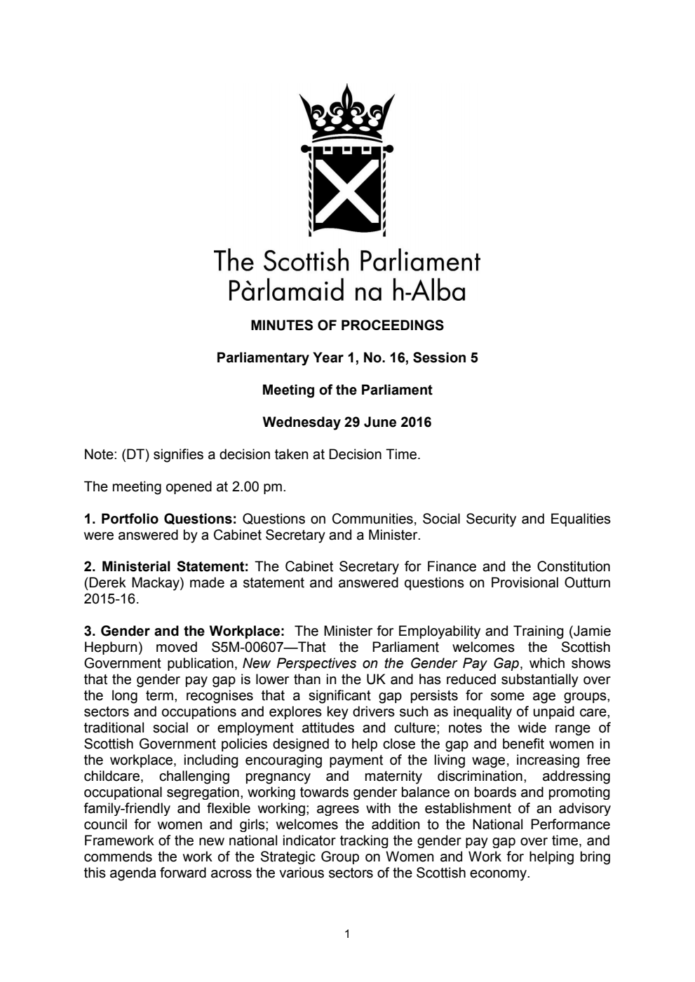 Minutes of Proceedings 29 June 2016 Vol. 1, No. 16 Session 5