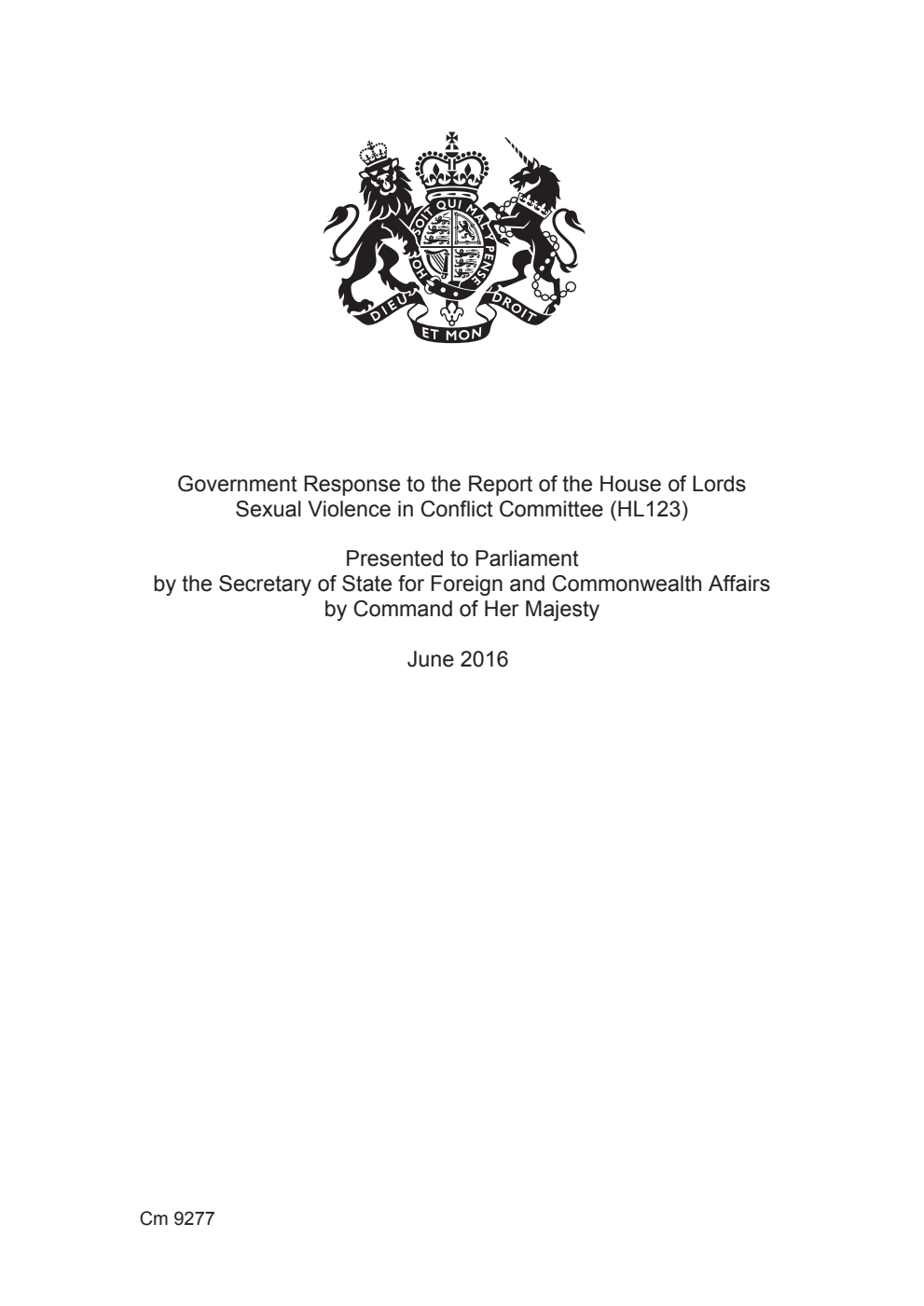 Government Response to the Report of the House of Lords Sexual Violence in Conflict Committee (HL123)