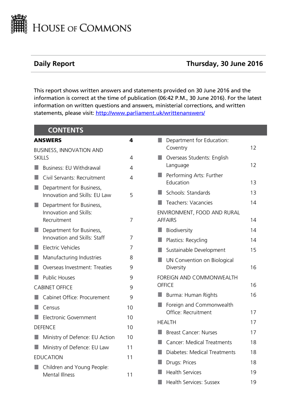 HOC Daily Report Written Answers 30.06.16