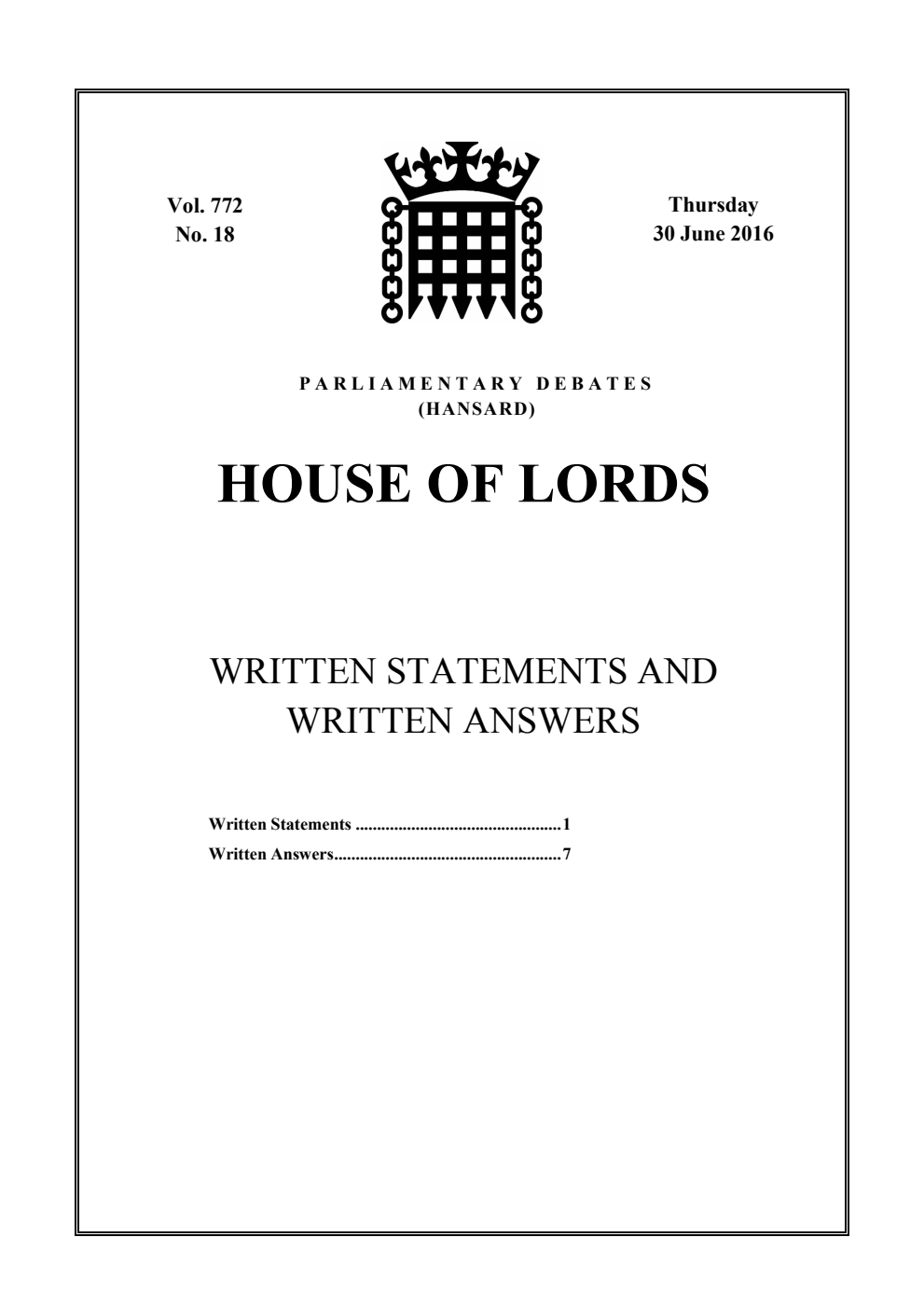 HOL Daily Report Written Statements and Answers 30.06.16