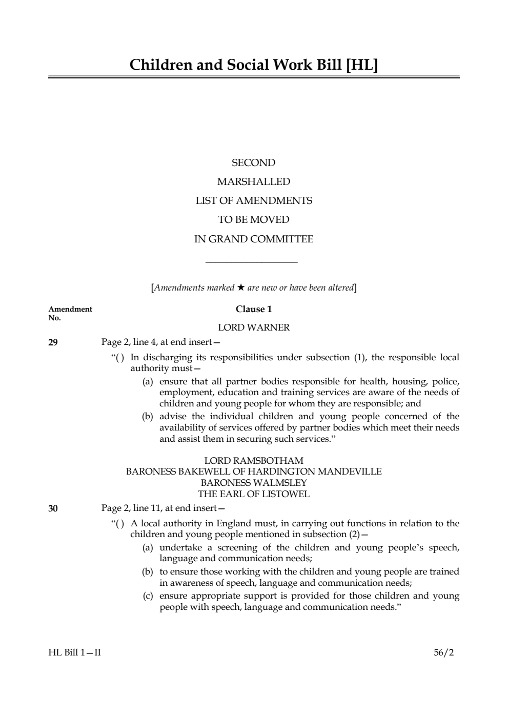 Children and Social Work Bill Lords Amendments 2nd Marshalled List