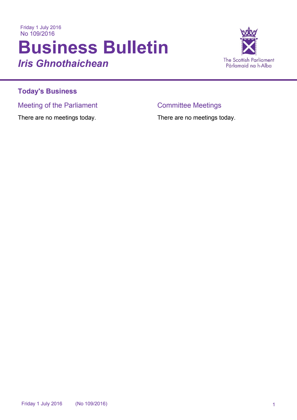 Business Bulletin No. 109/2016, Friday 1st July 2016