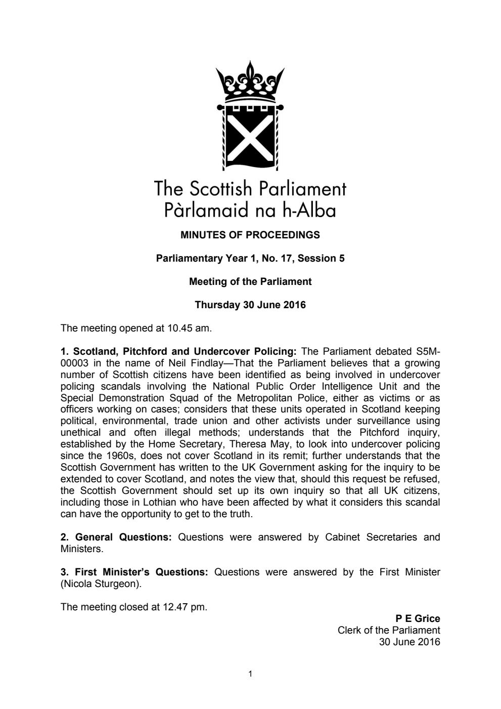 Minutes of Proceedings 30 June 2016 Vol. 1, No. 17 Session 5