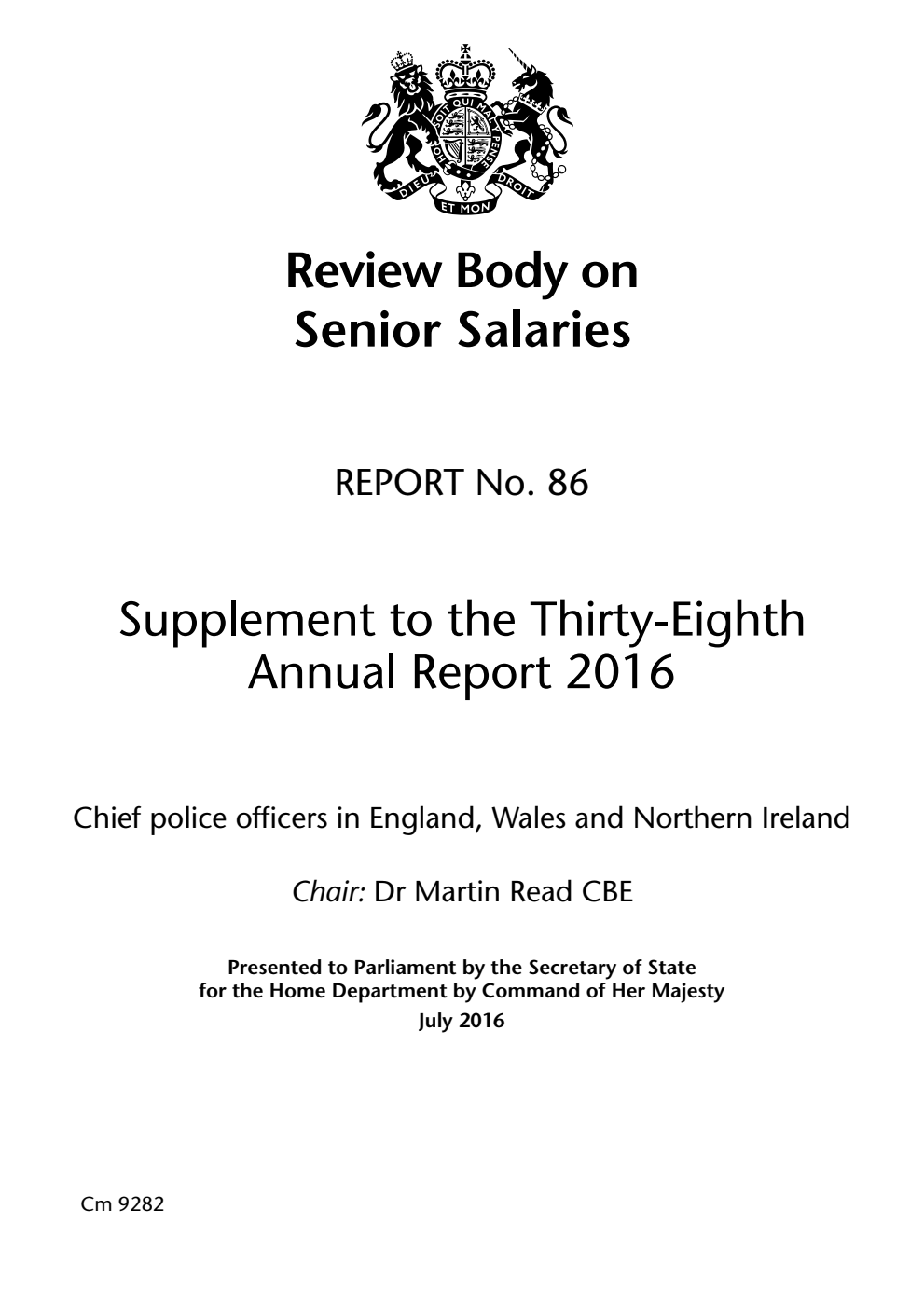 Review Body on Senior Salaries Supplement to the Thirty-Eighth Annual Report 2016: Report No. 86