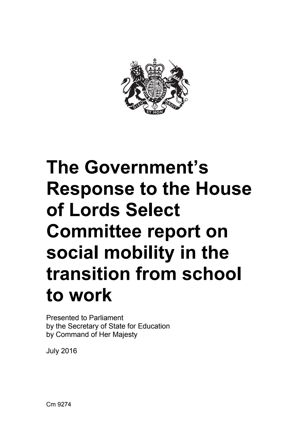 The Government’s Response to the House of Lords Select Committee report on social mobility in the transition from school to work