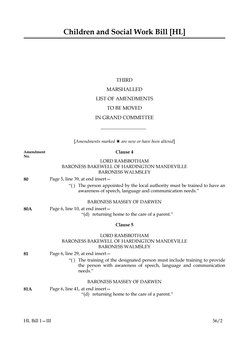 Children and Social Work Bill Lords Amendments 3rd Marshalled List