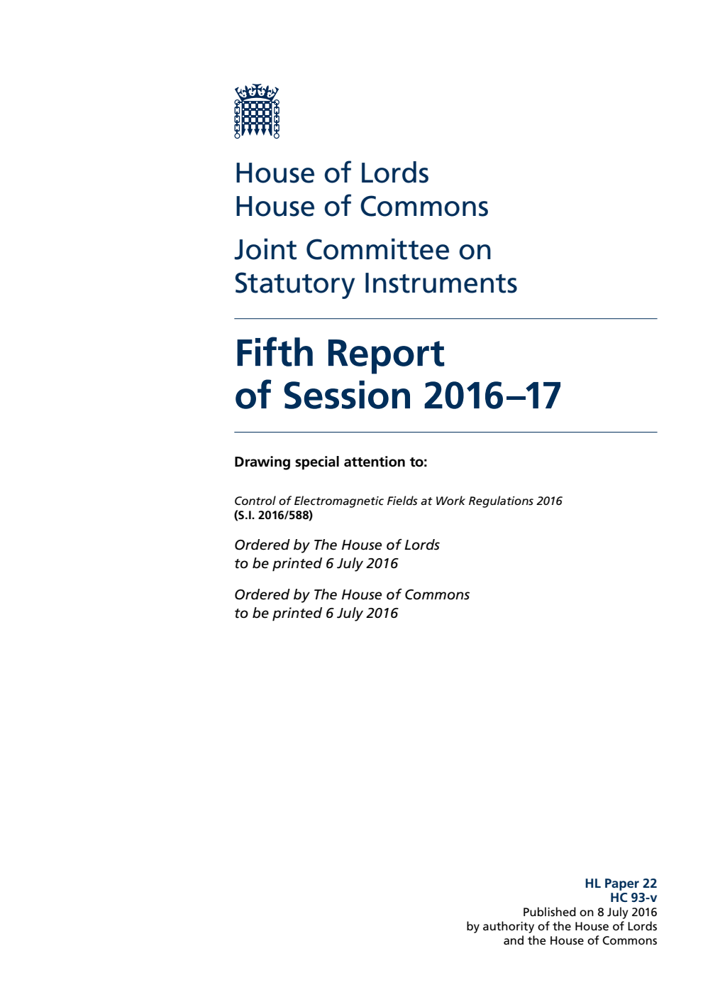 Statutory Instruments Joint Committee 5th Report of Session 2016-17