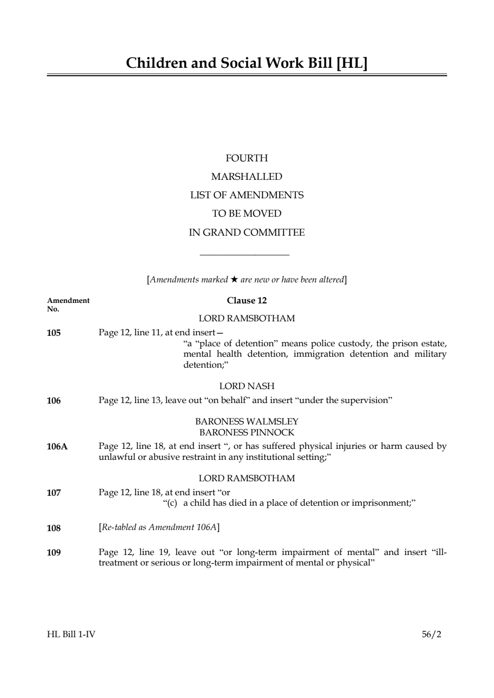 Children and Social Work Bill Lords Amendments 4th Marshalled List