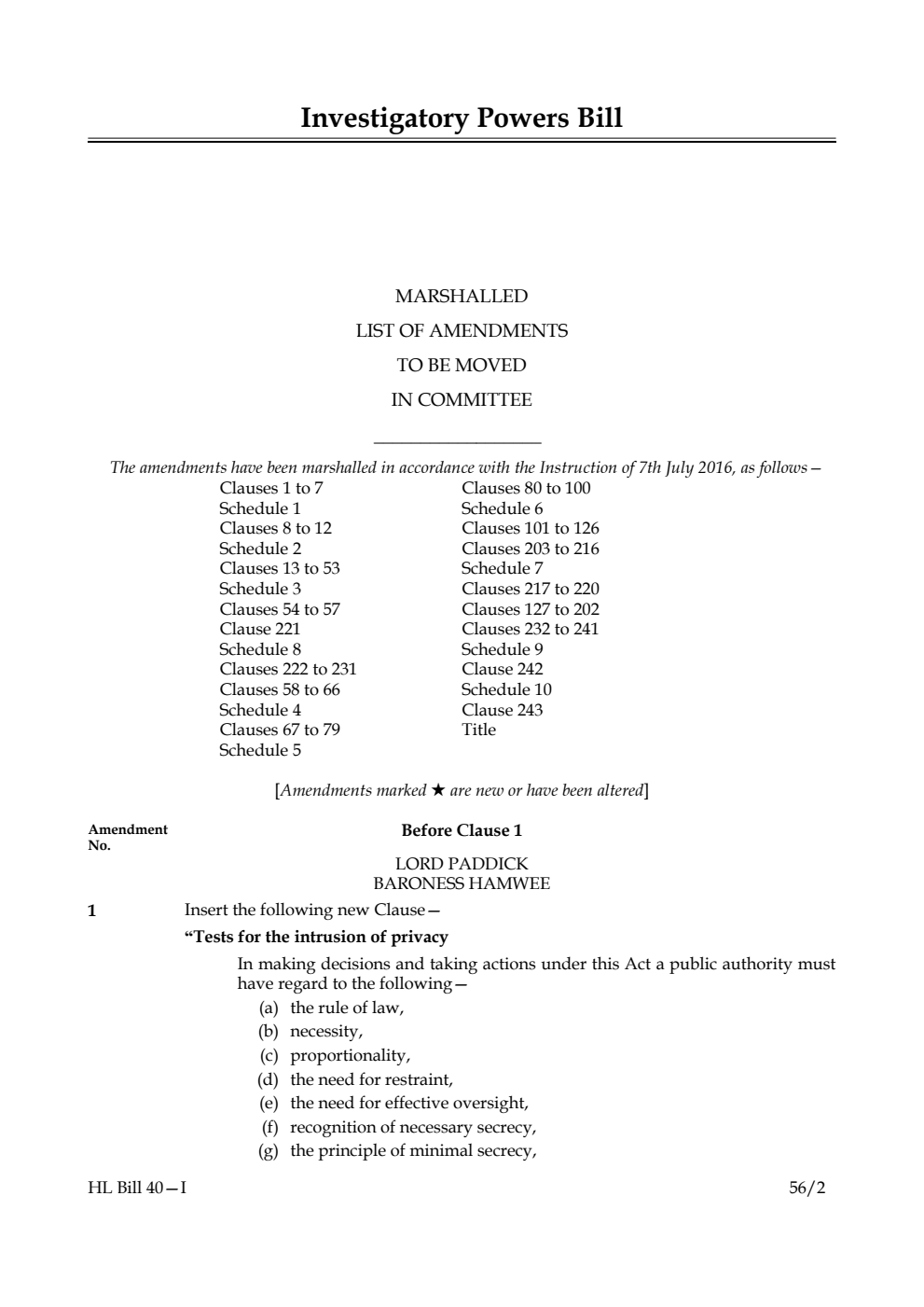 Investigatory Powers Bill Lords Amendments 1st Marshalled List