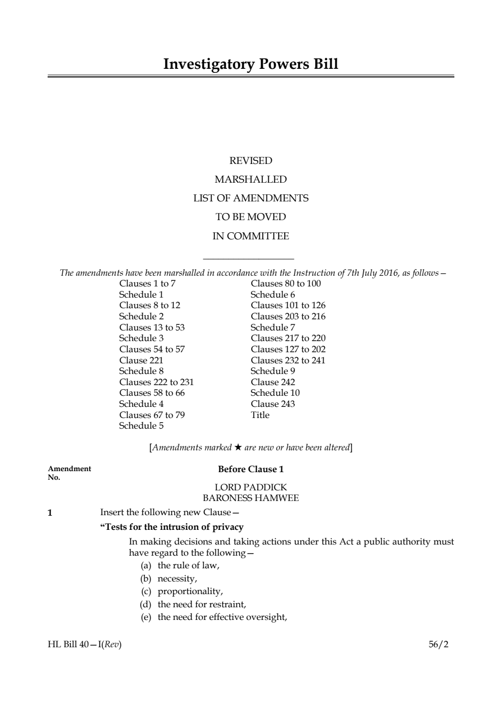 Investigatory Powers Bill Lords Amendments Revised 1st Marshalled List