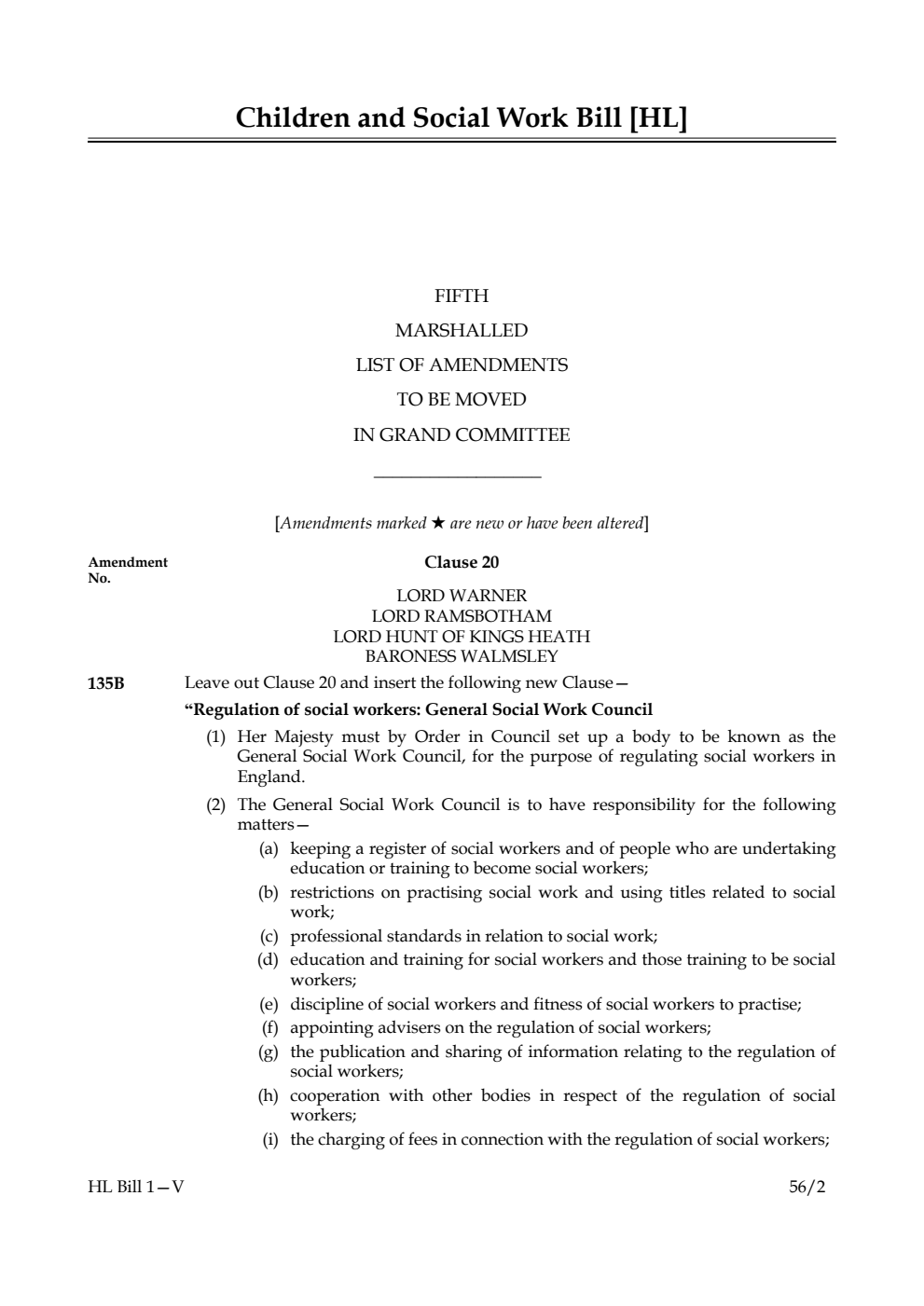 Children and Social Work Bill Lords Amendments 5th Marshalled List