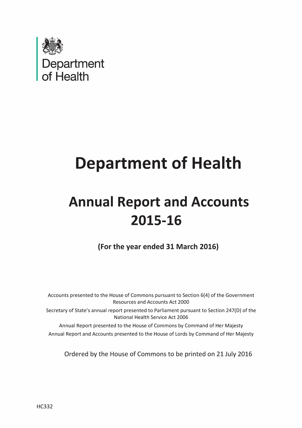 Department of Health Annual Report and Accounts 2015-16 (For the year ended 31 March 2016)