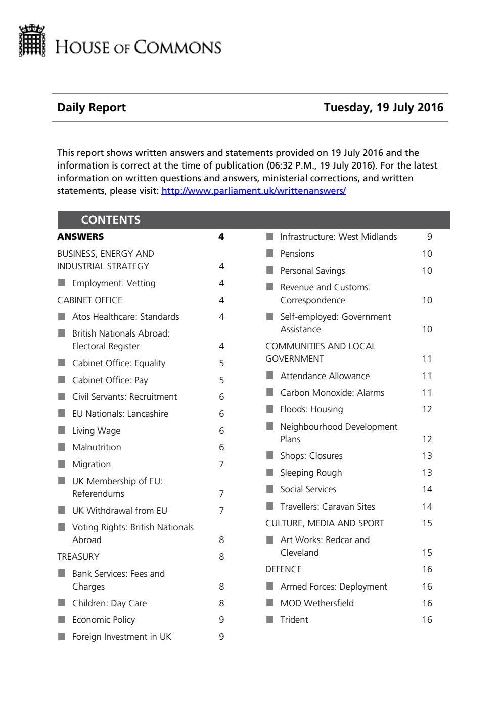 HOC Daily Report Written Answers 19.07.16
