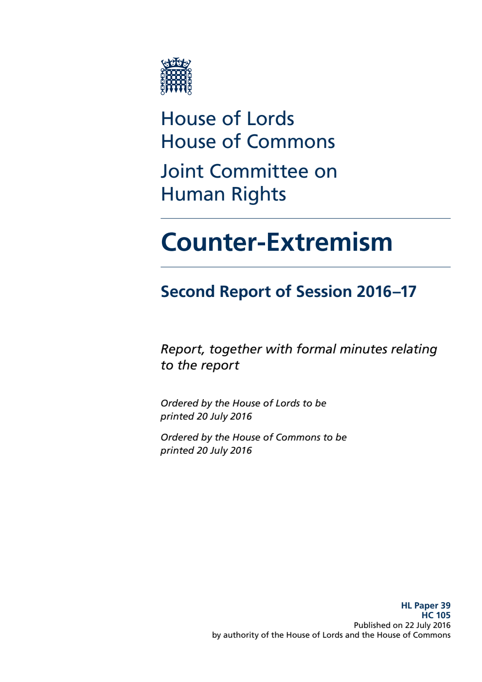 Human Rights Joint Committee 2nd Report. Counter-Extremism Volume 1. Report