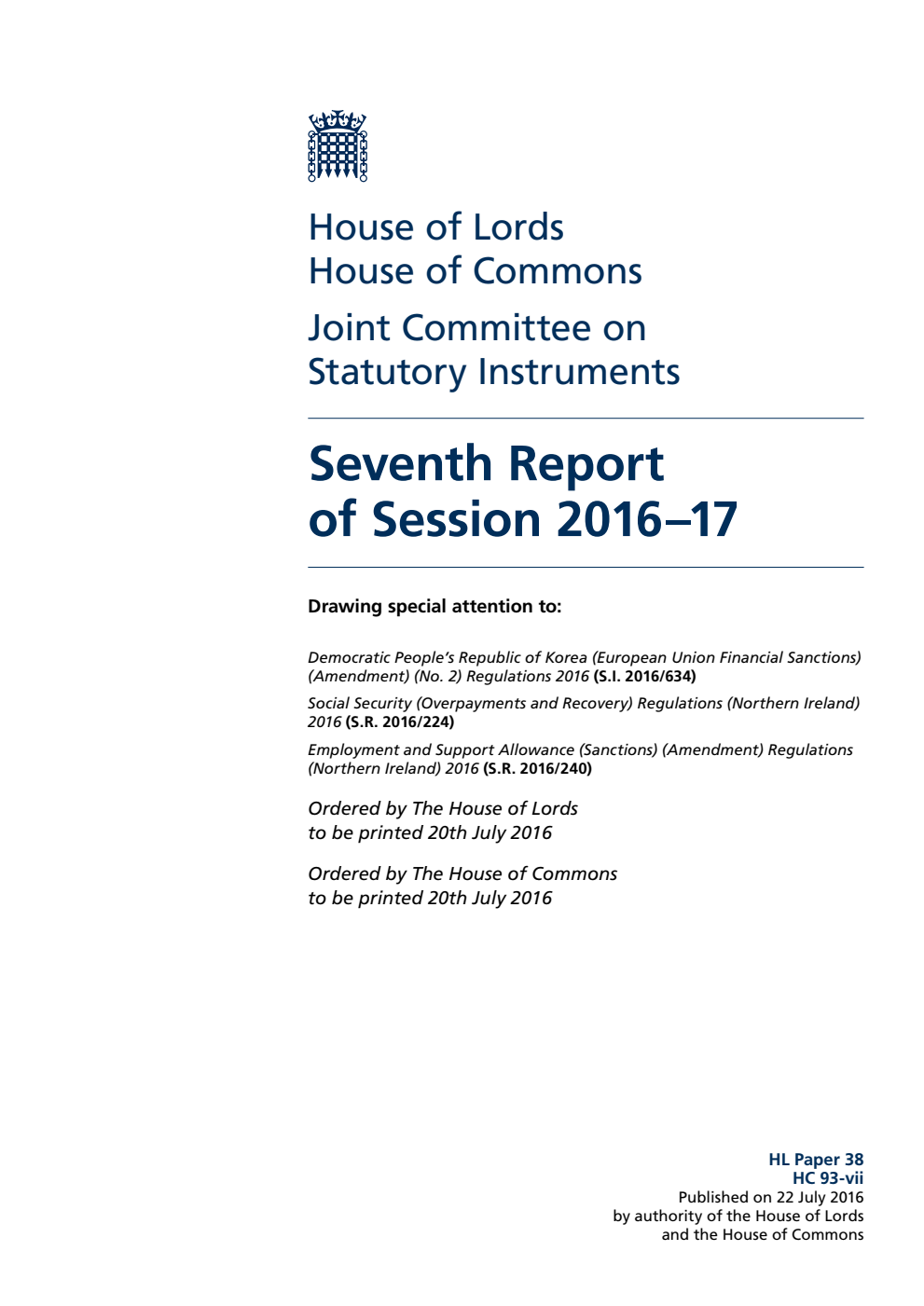 Statutory Instruments Joint Committee 7th Report of Session 2016-17
