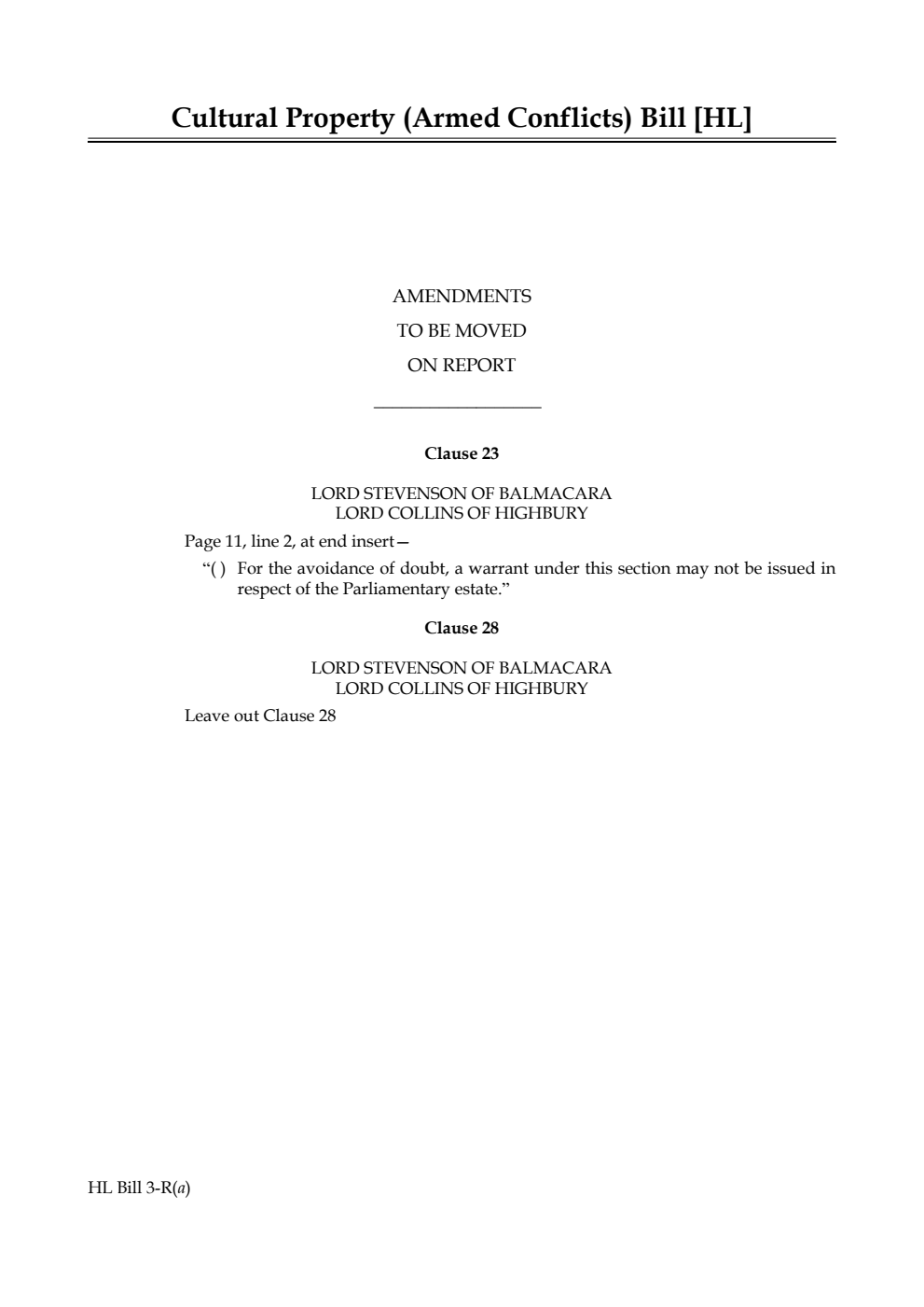 Cultural Property (Armed Conflicts) Bill Lords Amendments