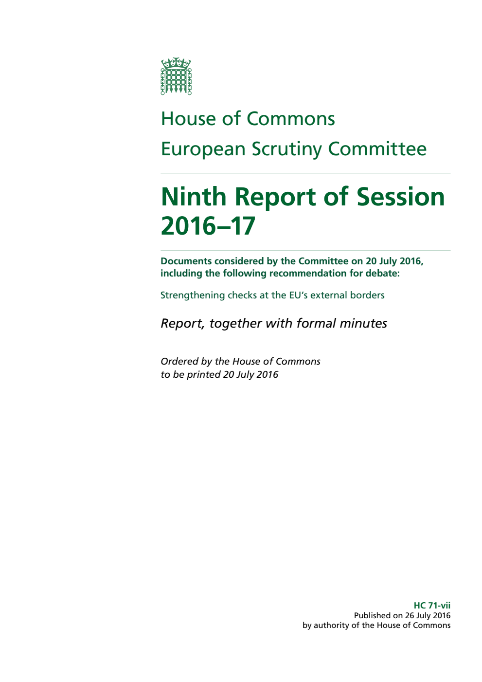 European Scrutiny Committee 9th Report of Session 2016-17