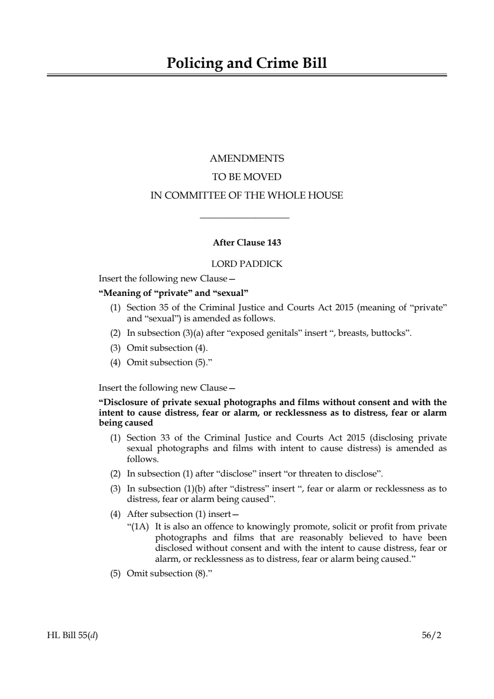 Policing and Crime Bill Lords Amendments