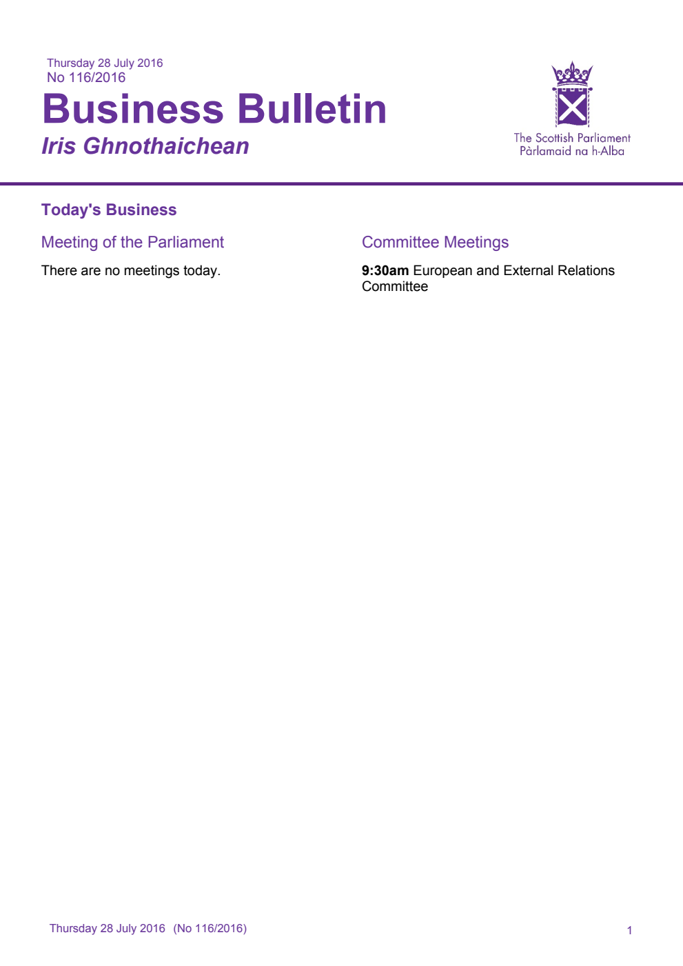 Business Bulletin No. 116/2016,Thursday 28th July 2016