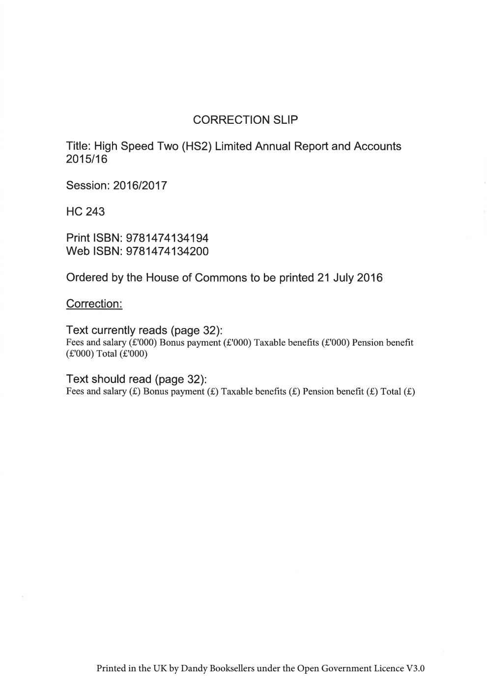 High Speed Two (HS2) Limited Annual Report and Accounts 2015/16, Correction Slip July 2016