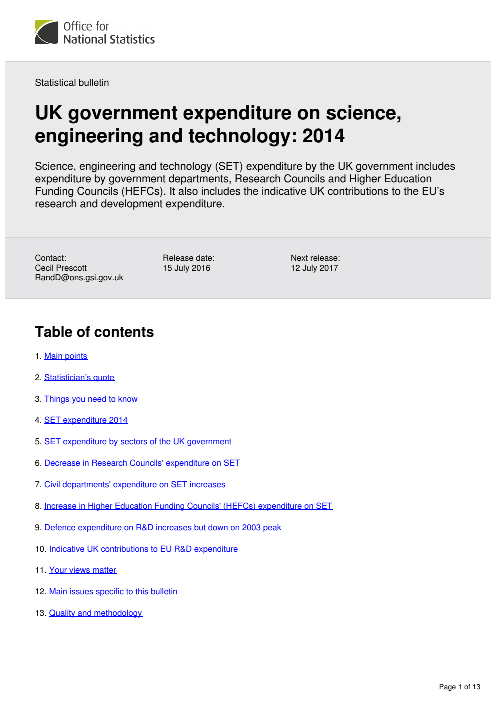 UK Government Expenditure on Science, Engineering and Technology, 2014