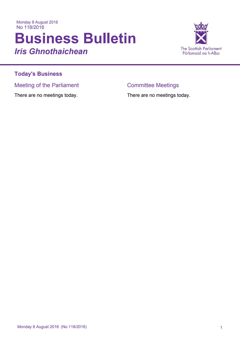 Business Bulletin No. 118/2016, Monday 8th August 2016