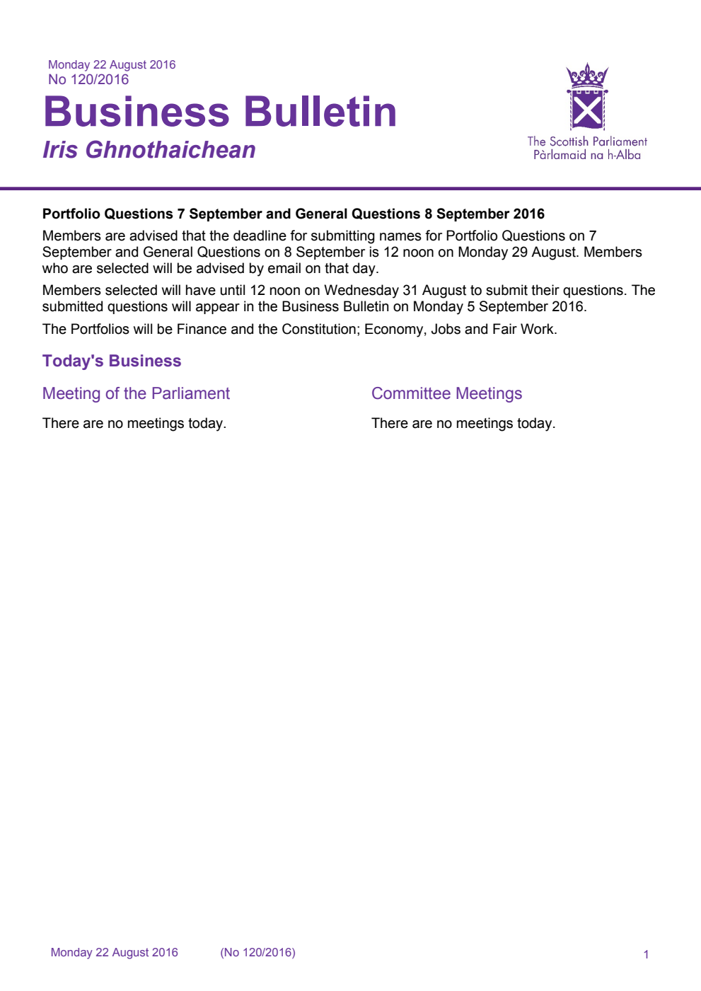 Business Bulletin No. 120/2016, Monday 22nd August 2016