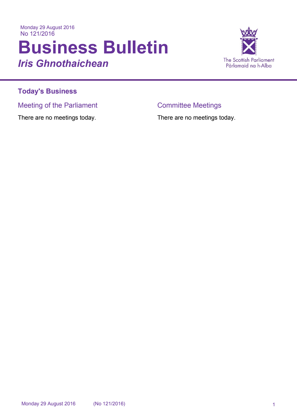 Business Bulletin No. 121/2016, Monday 29th August 2016