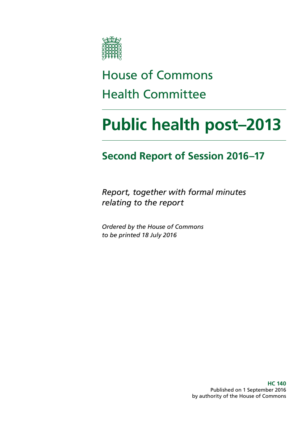 Health Committee 2nd Report. Public health post–2013 Volume 1. Report