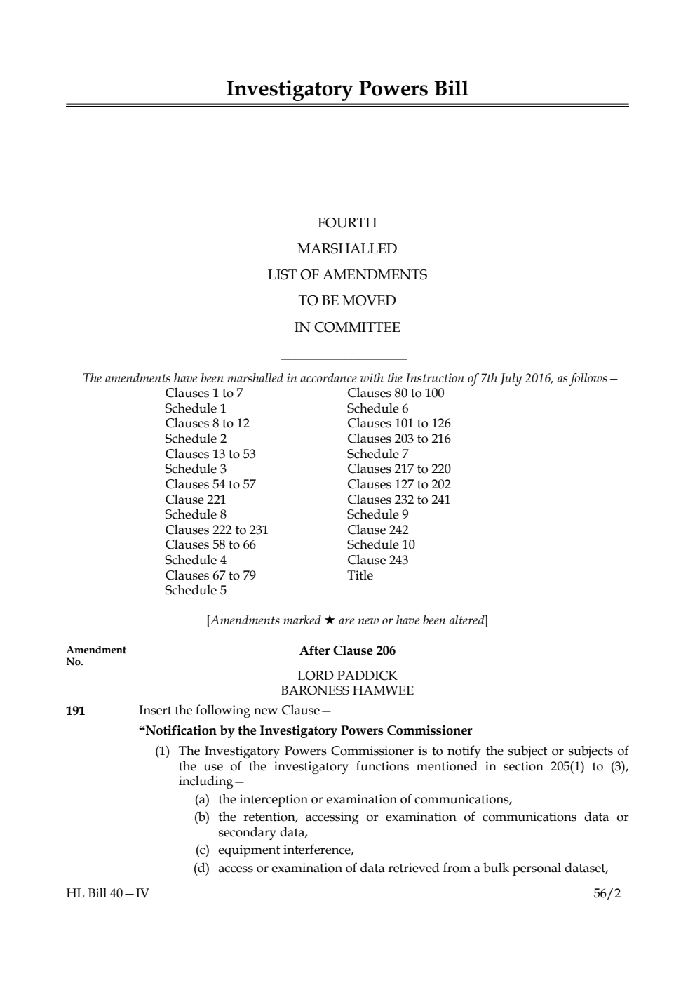 Investigatory Powers Bill Lords Amendments 4th Marshalled List