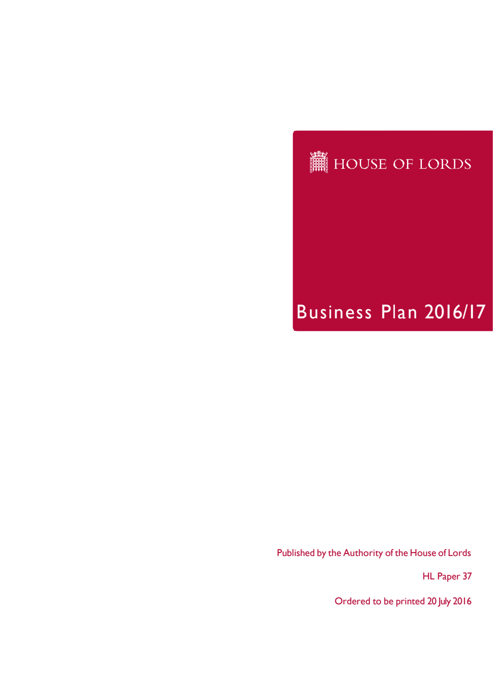 House of Lords Business Plan 2016/17