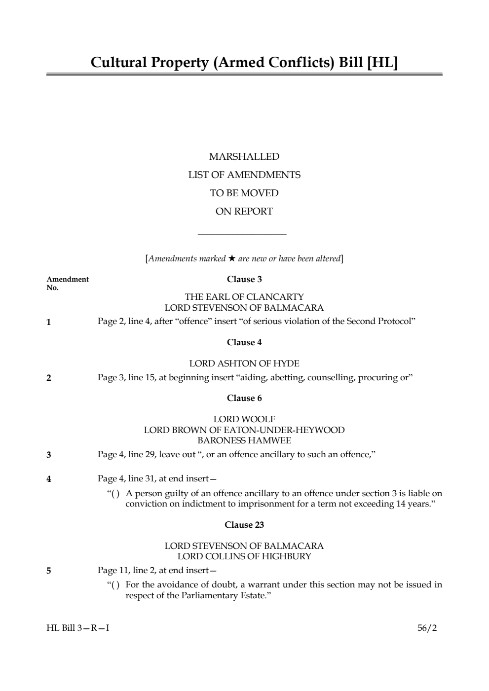 Cultural Property (Armed Conflicts) Bill 1st Marshalled List