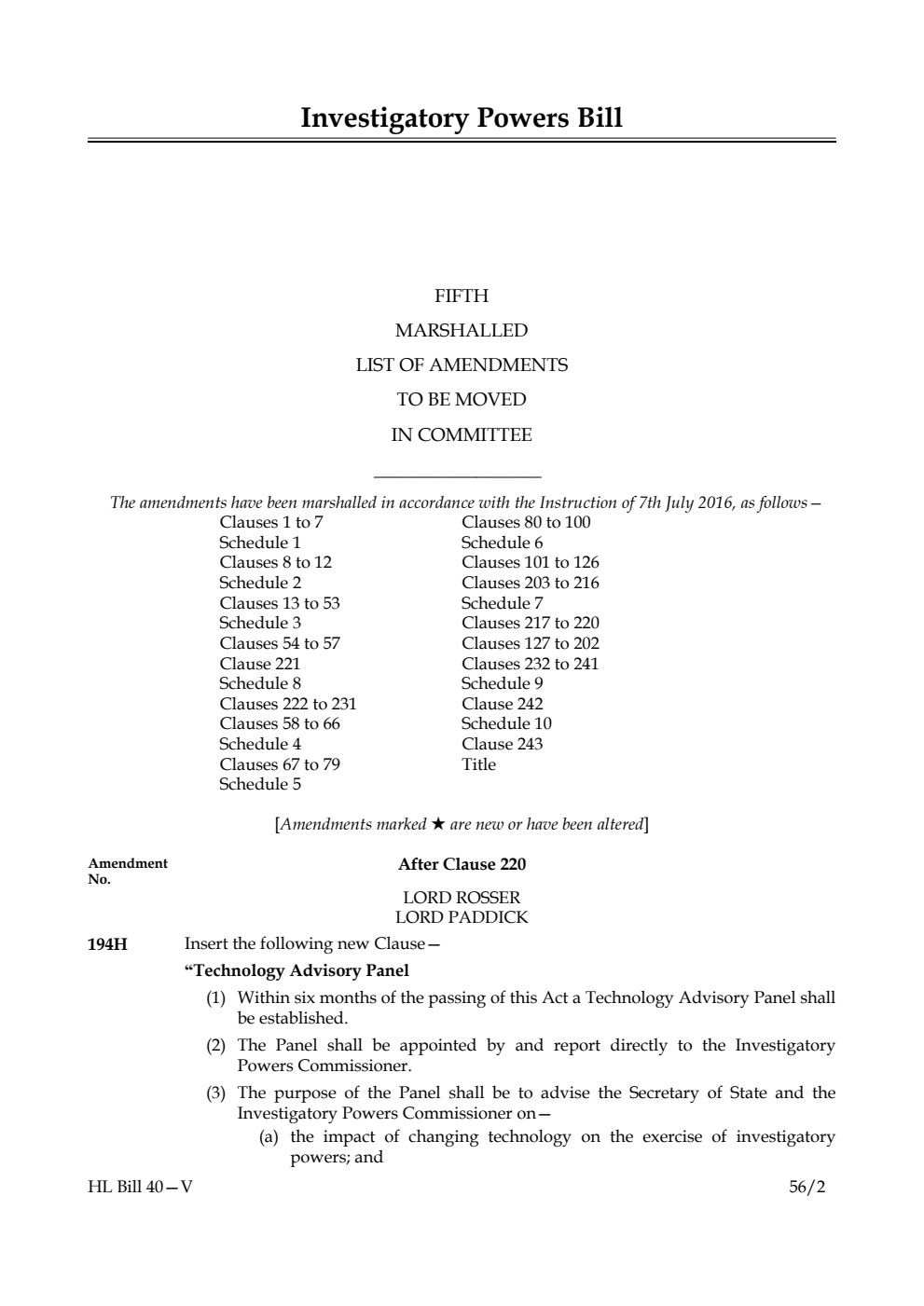 Investigatory Powers Bill Lords Amendments 5th Marshalled List