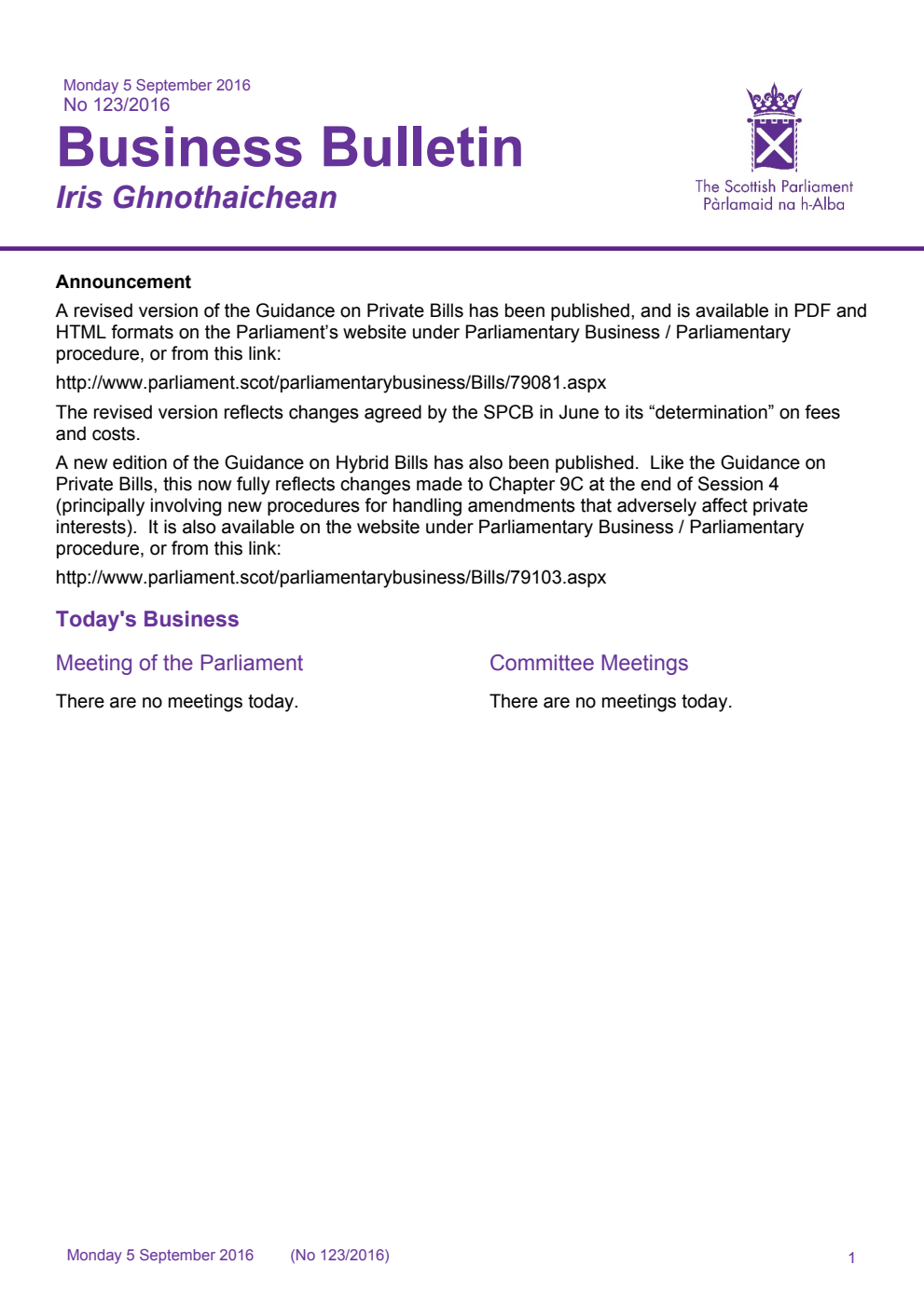 Business Bulletin No. 123/2016, Monday 5th September 2016 (due to glitches in the Business Bulletin numbering system there is no number 122)