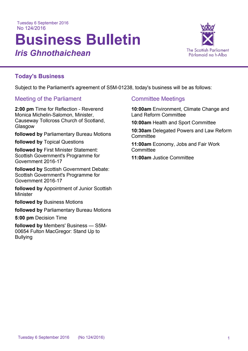 Business Bulletin No. 124/2016, Tuesday 6th September 2016