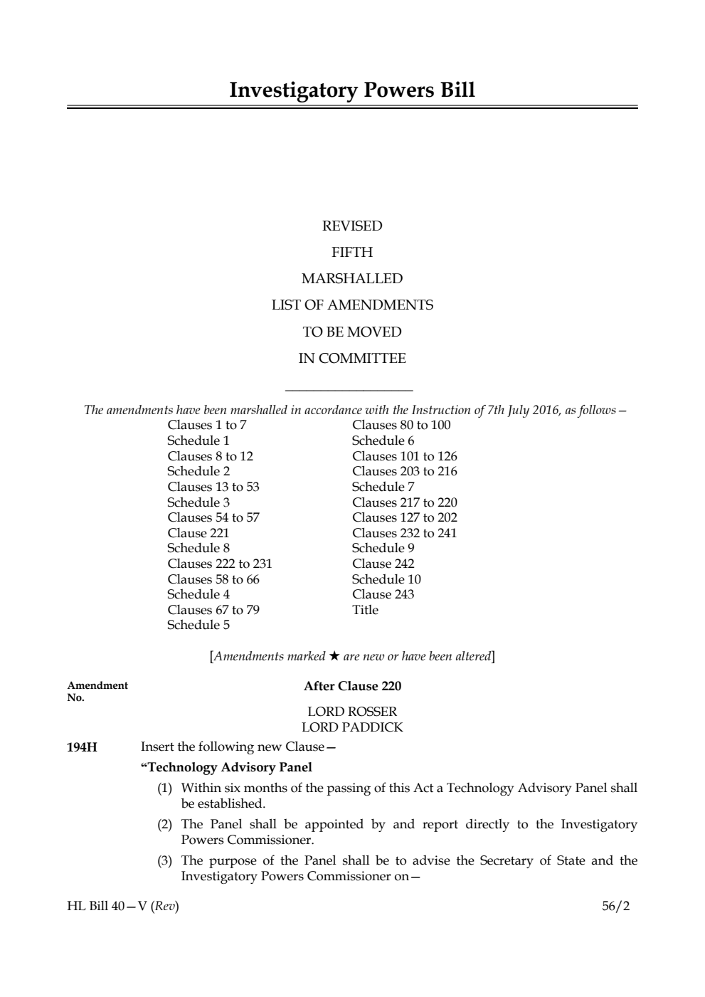Investigatory Powers Bill Lords Amendments Revised 5th Marshalled List