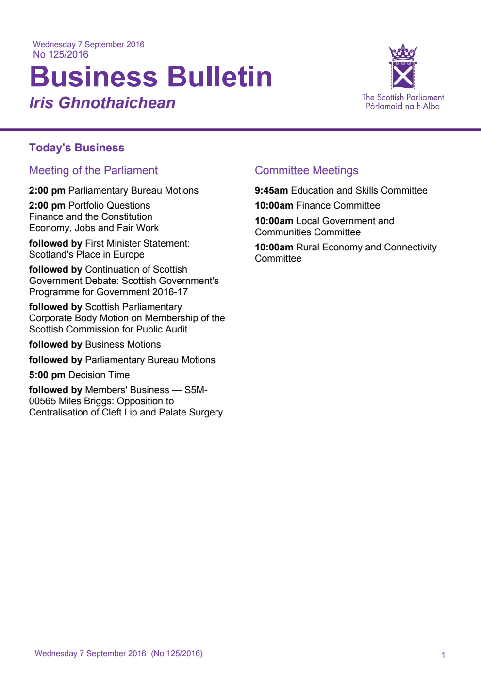 Business Bulletin No. 125/2016, Wednesday 7th September 2016