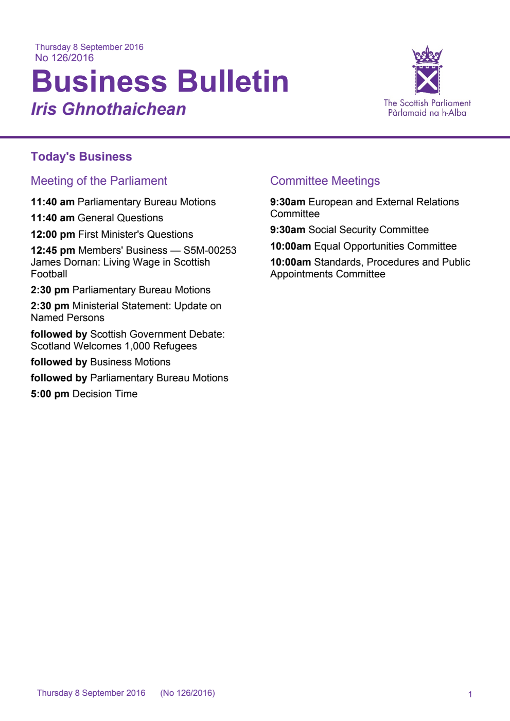 Business Bulletin No. 126/2016, Thursday 8th September 2016