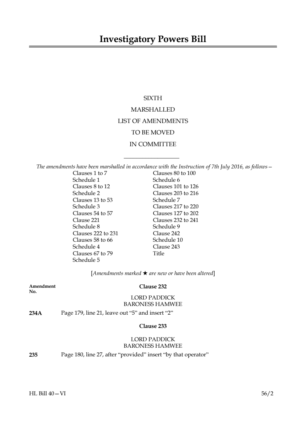 Investigatory Powers Bill Lords Amendments 6th Marshalled List