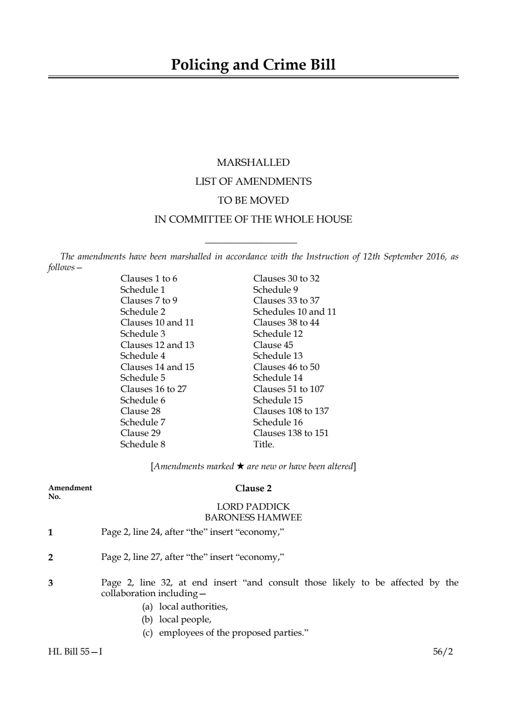 Policing and Crime Bill Lords Amendments 1st Marshalled List