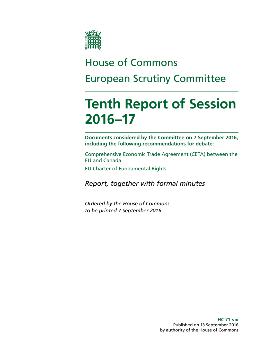 European Scrutiny Committee 10th Report of Session 2016-17
