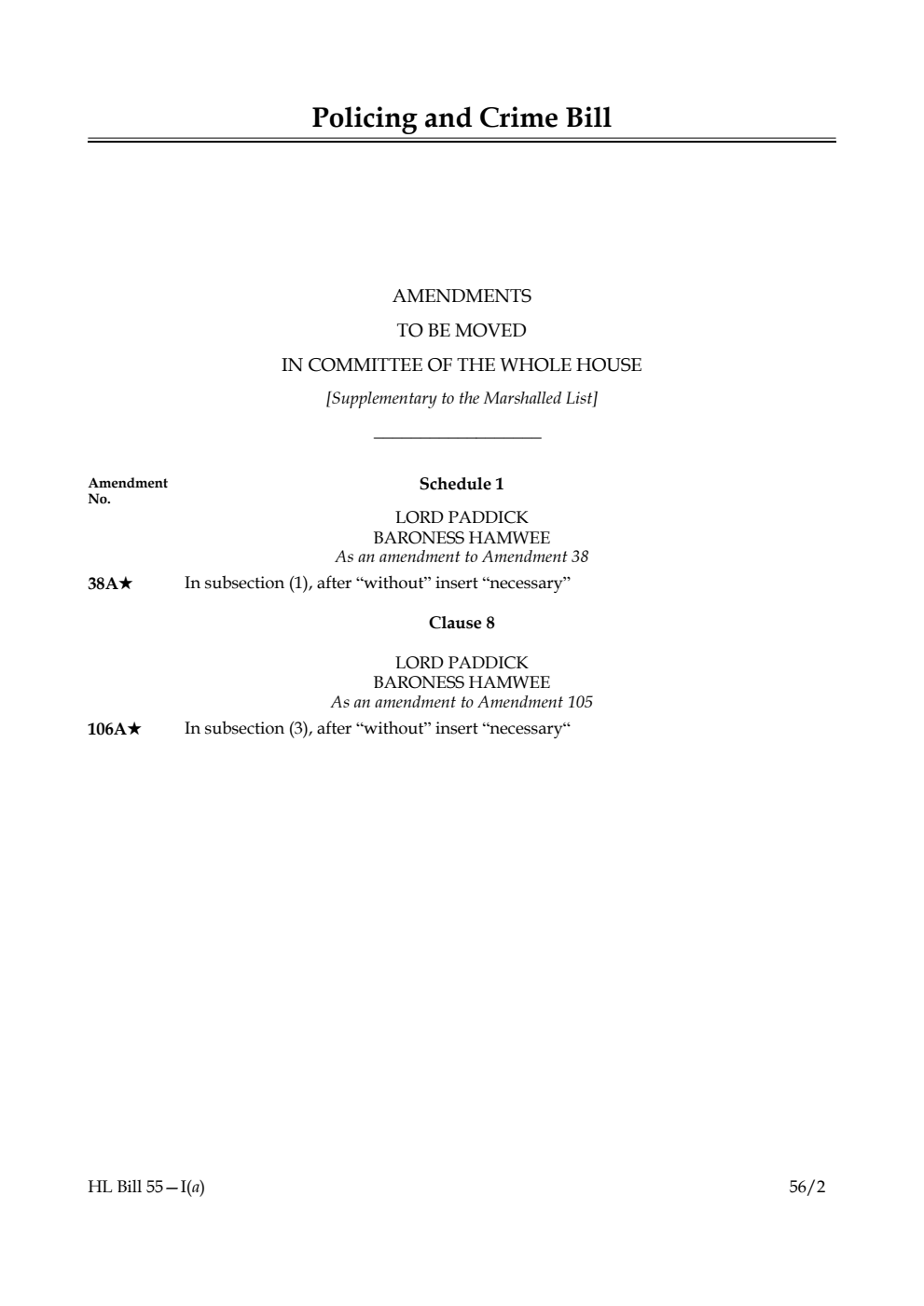 Policing and Crime Bill Lords Amendments