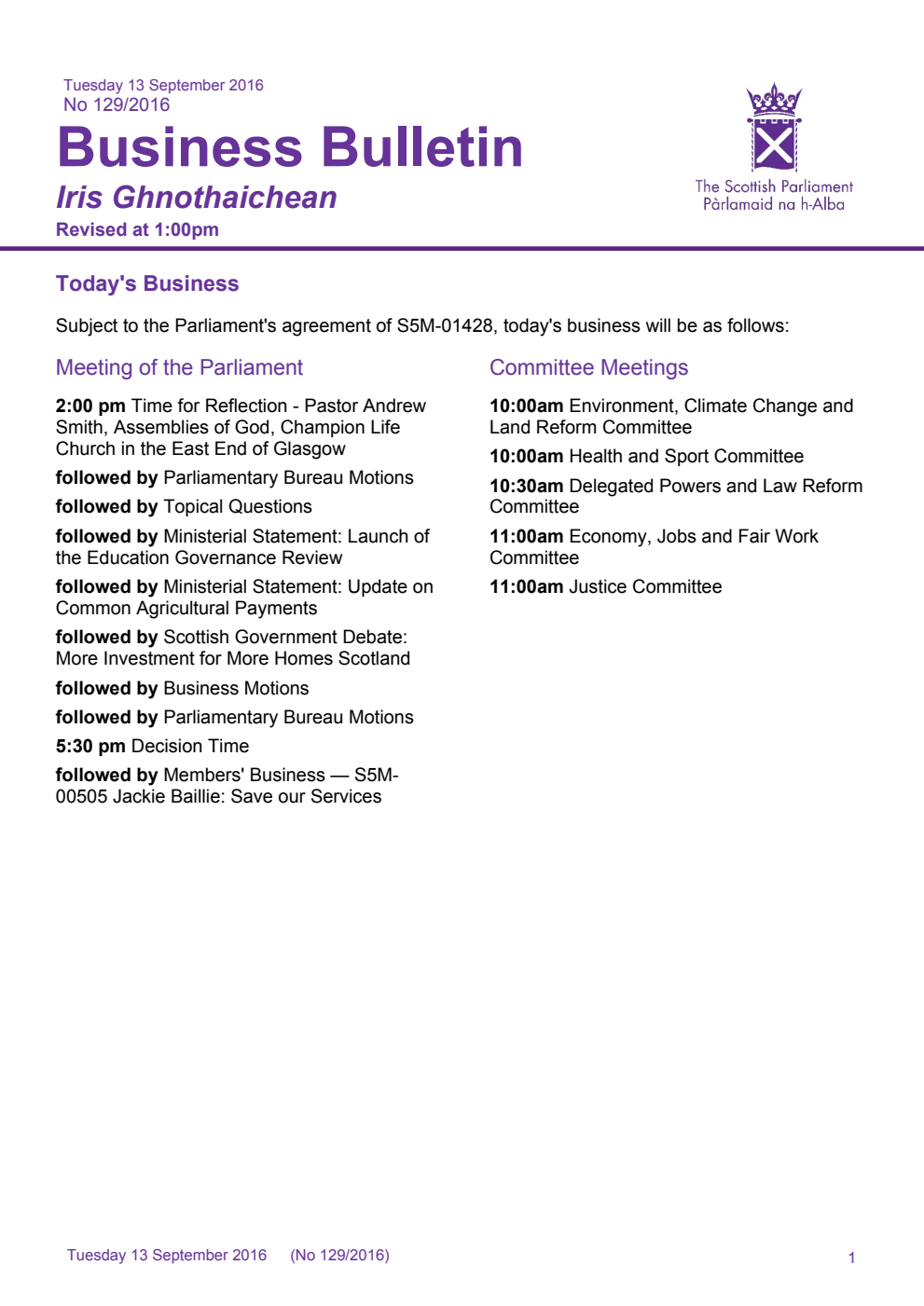 Business Bulletin No. 129/2016, Tuesday 13th September 2016, Revised