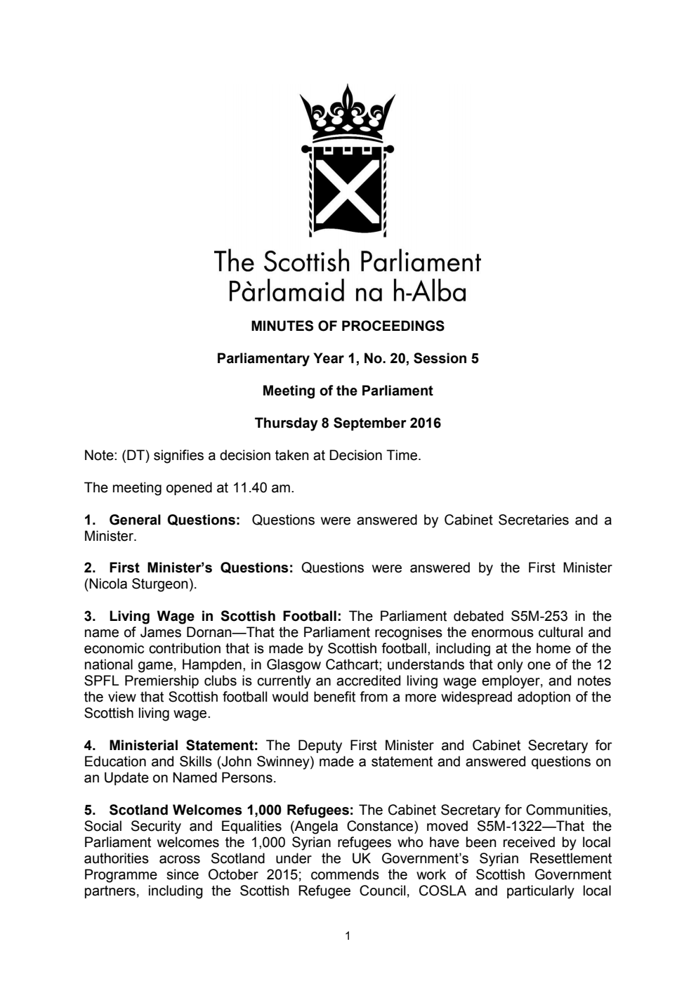 Minutes of Proceedings 8 September 2016 Vol. 1, No. 20 Session 5