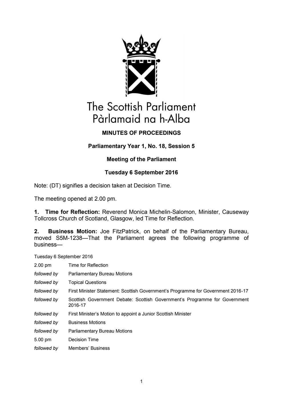 Minutes of Proceedings 6 September 2016 Vol. 1, No. 18 Session 5