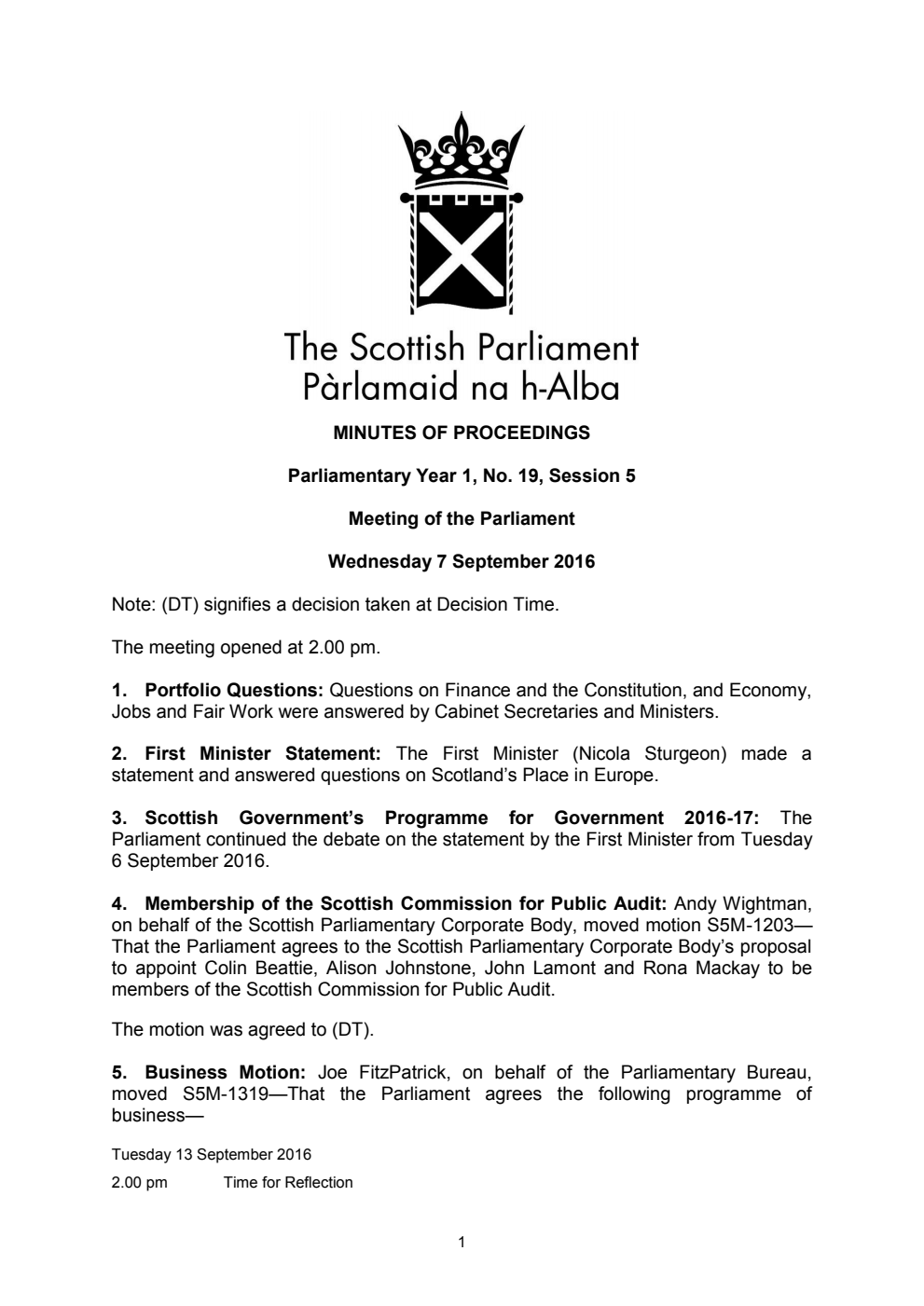 Minutes of Proceedings 7 September 2016 Vol. 1, No. 19 Session 5
