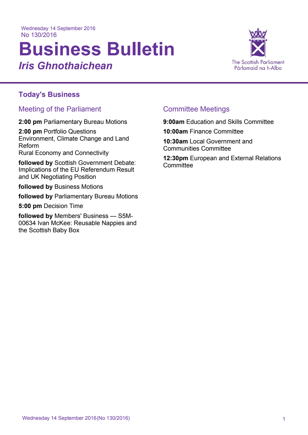 Business Bulletin No. 130/2016, Wednesday 14th September 2016