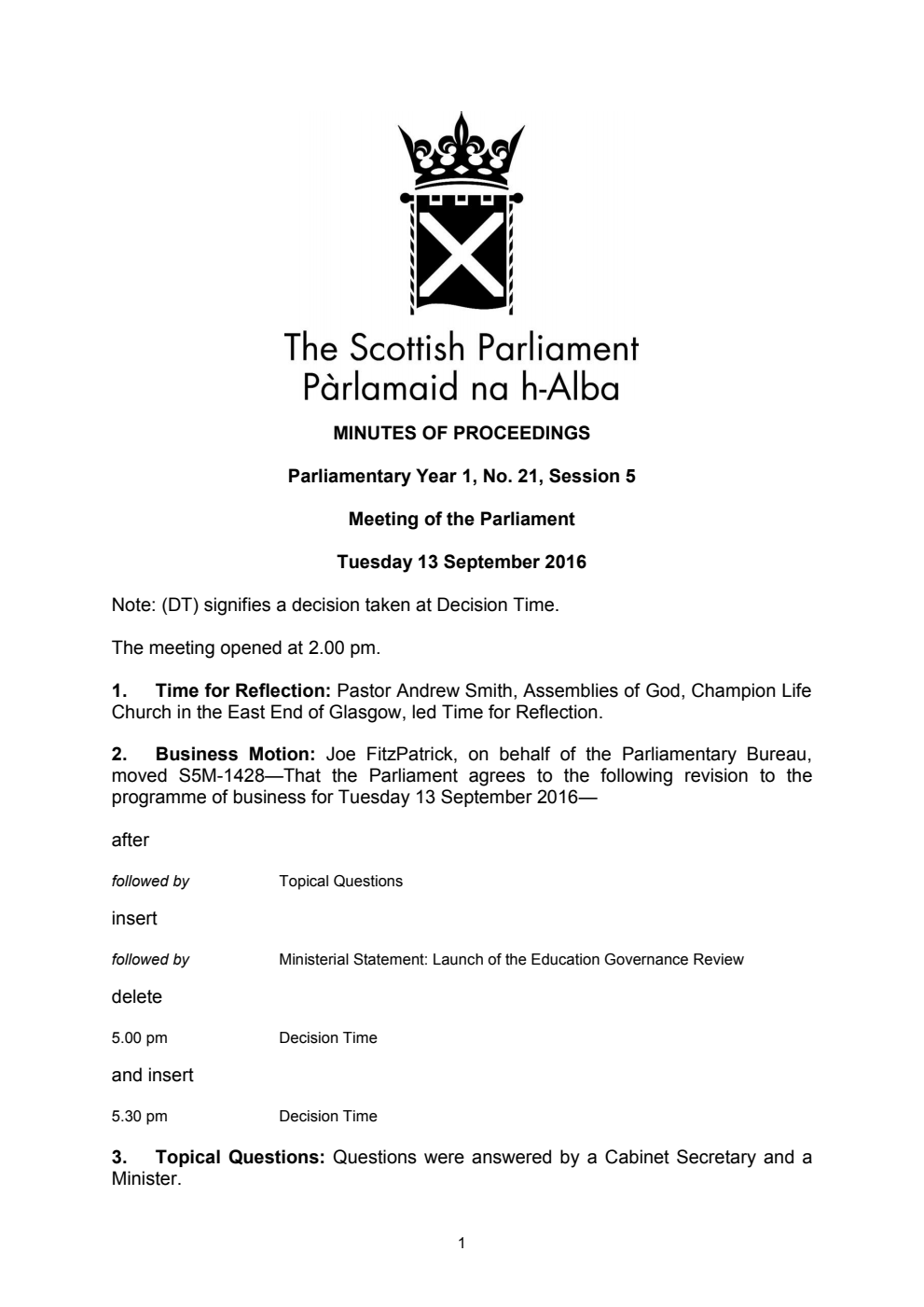 Minutes of Proceedings 13 September 2016 Vol. 1, No. 21 Session 5